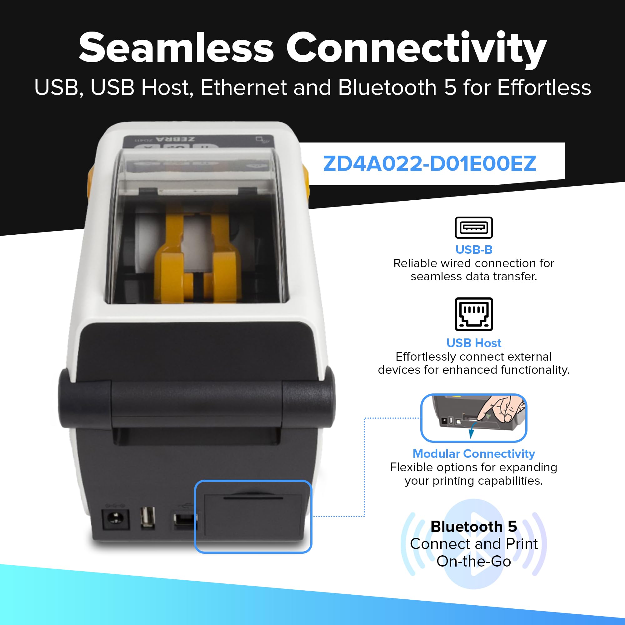 ZEBRA Direct Thermal Printer ZD411; 203 Dpi, USB, USB Host, Modular Connectivity Slot, 802.11ac, BT4, USA/Canada, US Cord, Swiss Font, EZPL - View #9
