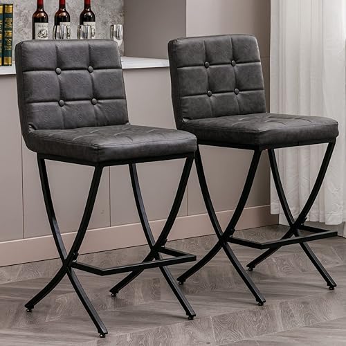 LukeAlon Juego de 2 taburetes de mostrador de piel sintética, modernos de 26 pulgadas de altura de asiento, taburetes de bar bajos con patas en