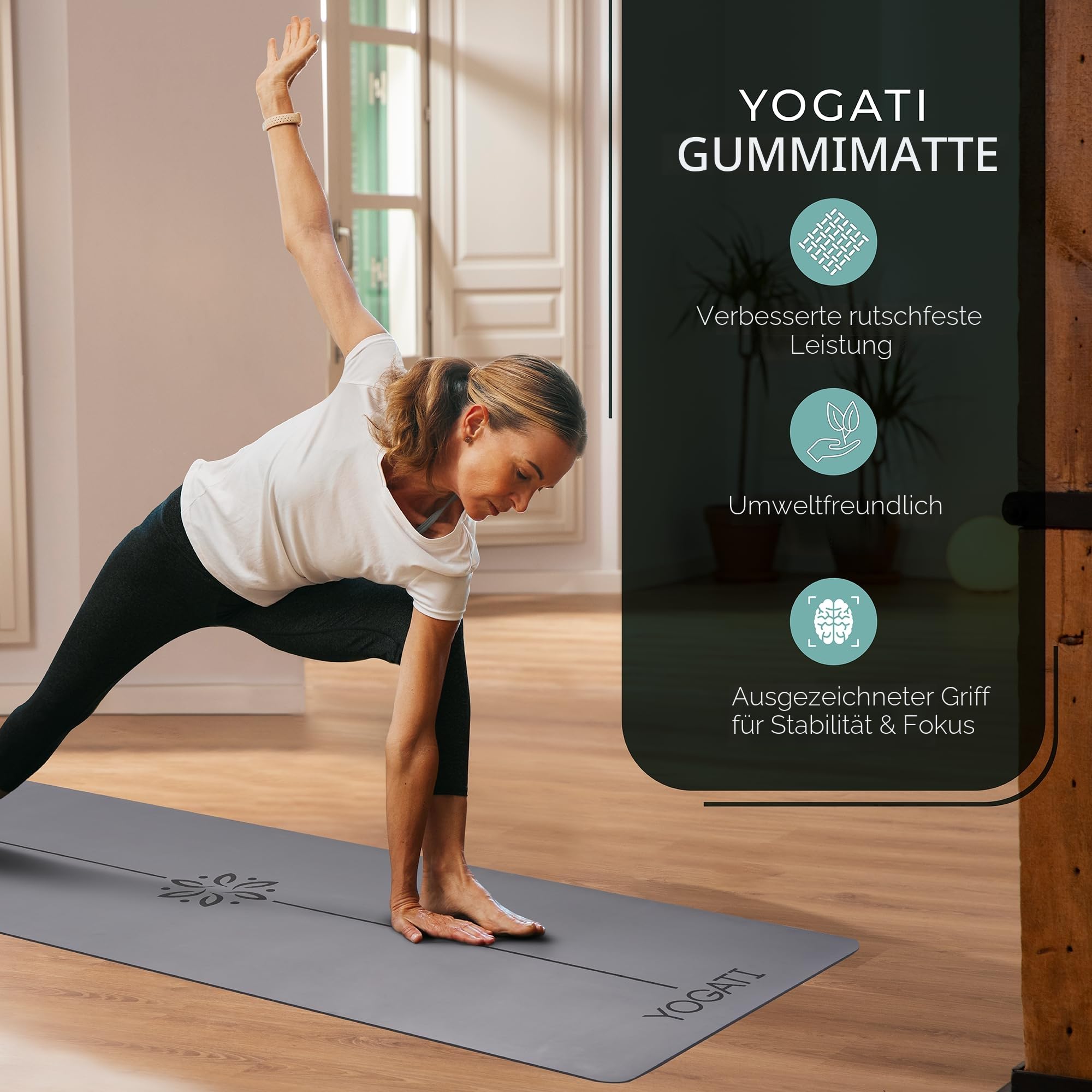 YOGATI® Yogamatte rutschfest Naturkautschuk mit Tasche - Yoga Matte groß mit Markierung, Sportmatte breit, Ideal für Fitness, Pilates und Gym Workout, Fitnessmatte Rutschfest für Damen