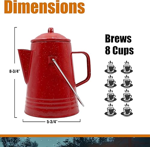 Miniatura 3 de Grip Percoladora de café (rojo) – Acero esmaltado duradero – Prepara café sobre el fuego – Camping, senderismo, mochilero, pesca, caza – (8 tazas)