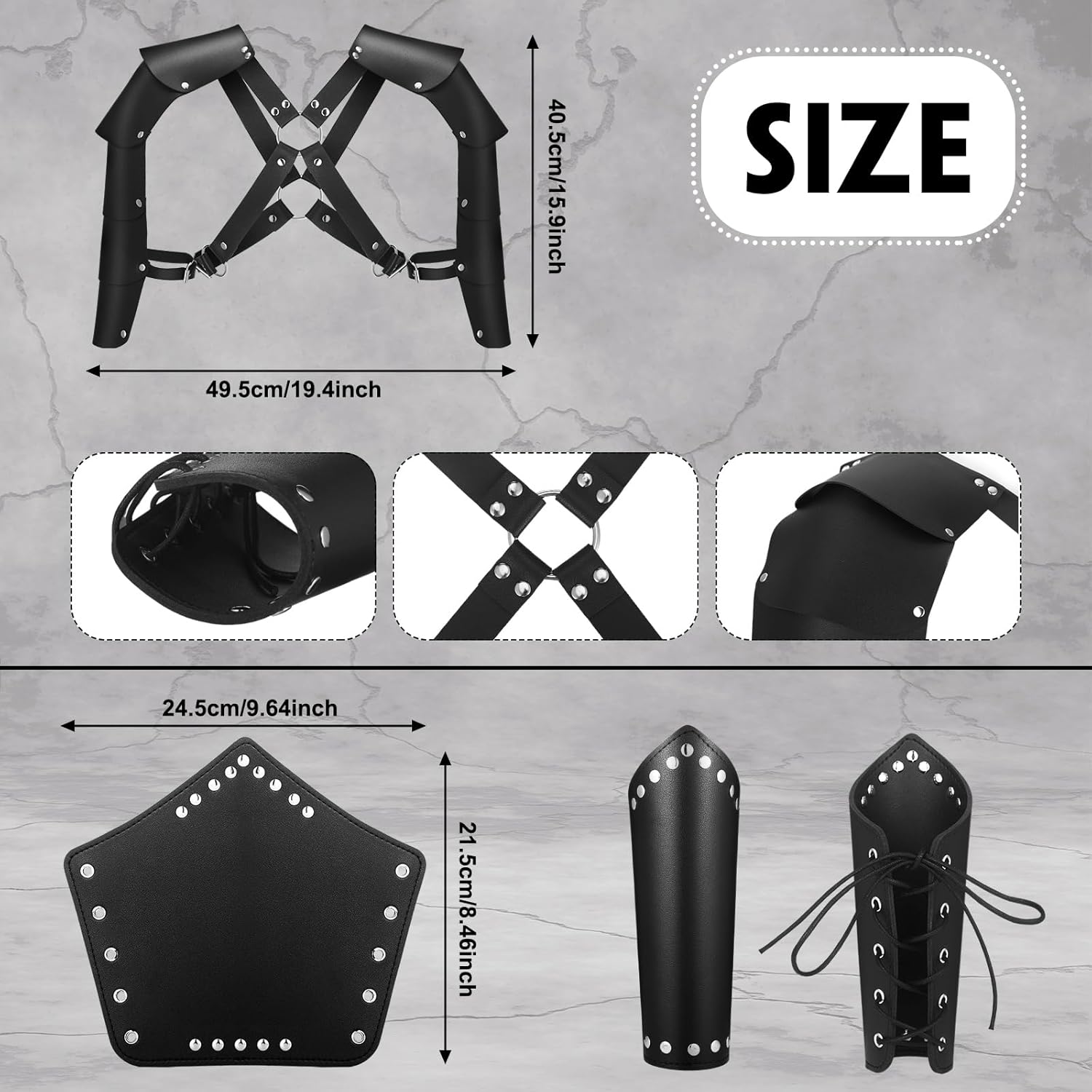 5 Pcs Halloween Medieval Renaissance Accessories Faux Leather Shoulder Armor Set Viking Leather Belt Pouch Knight Sword Belt Arm Guards Bracers for Medieval Costume Cosplay Party - Image 3