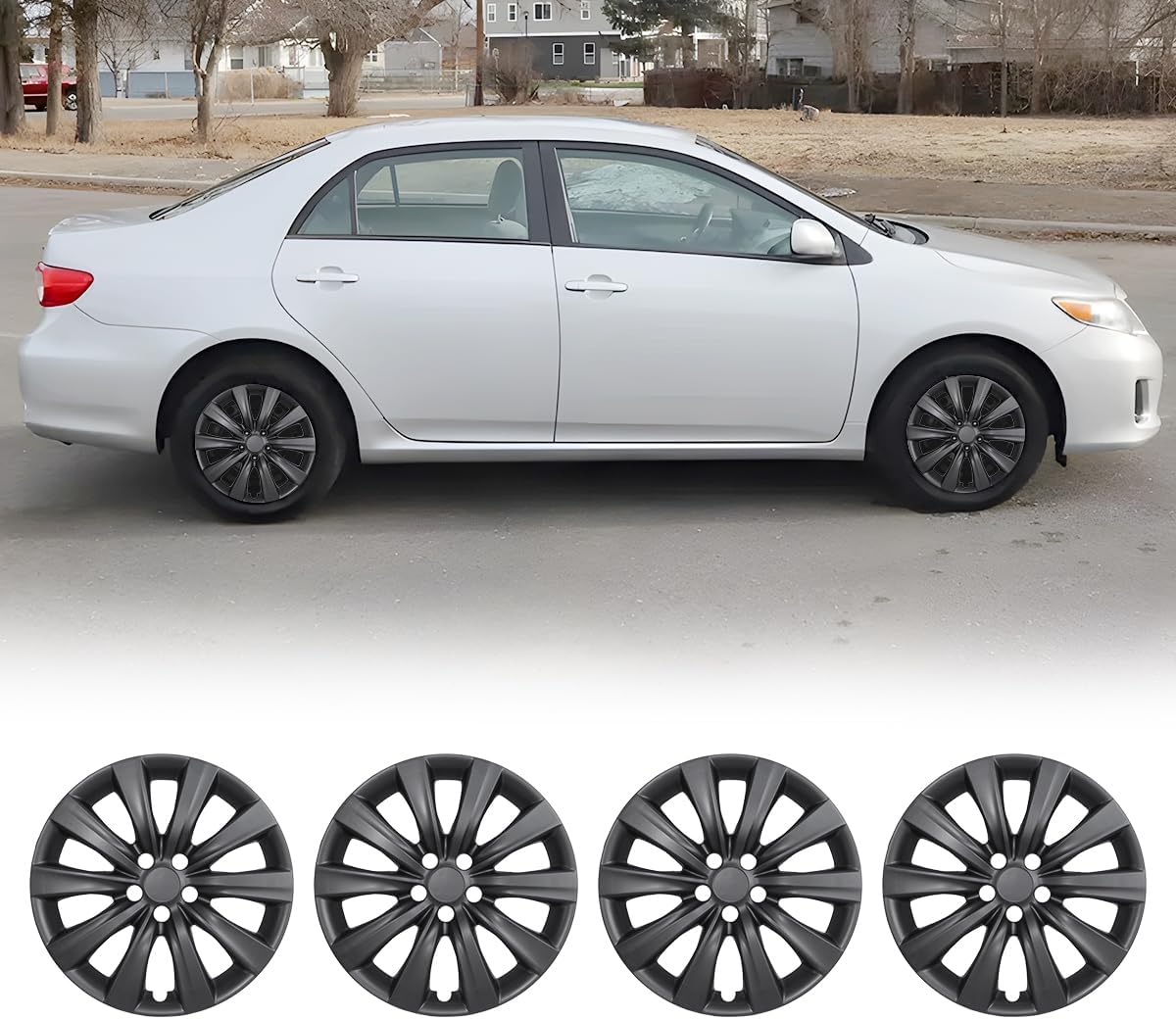 Winjet Hubcaps 16 Inch Wheel Covers for [2009-2025 Toyota Corolla] & [2009-2014 Toyota Matrix], Heavy Duty ABS Material, Only Compatible with Iron Hub - Steel Wheels (16 Inch Pack of 4, Black Matte)