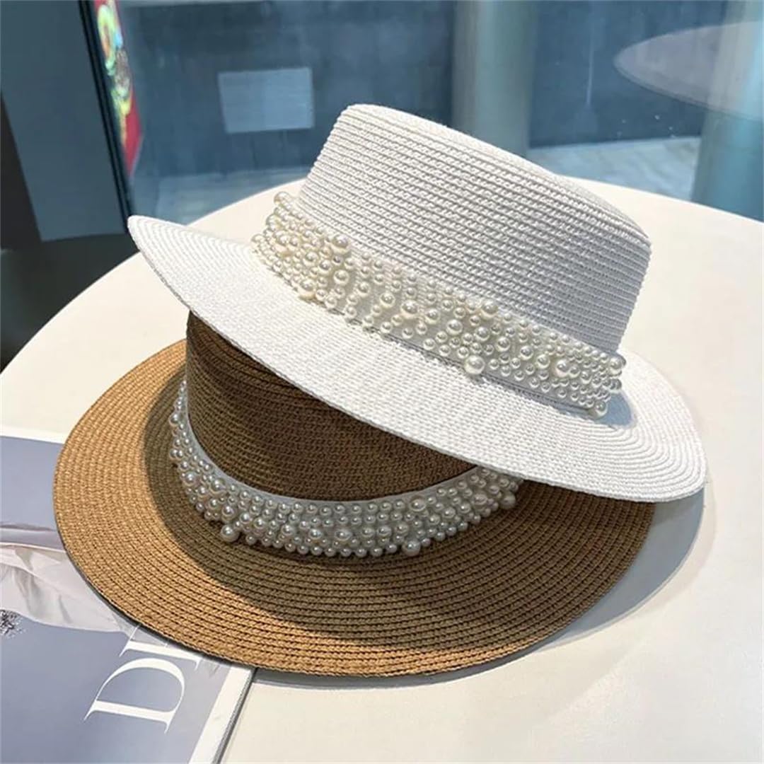 Yeuyyben Cappello da donna alla moda da spiaggia, cappello piatto in paglia, decorazione estiva per protezione solare