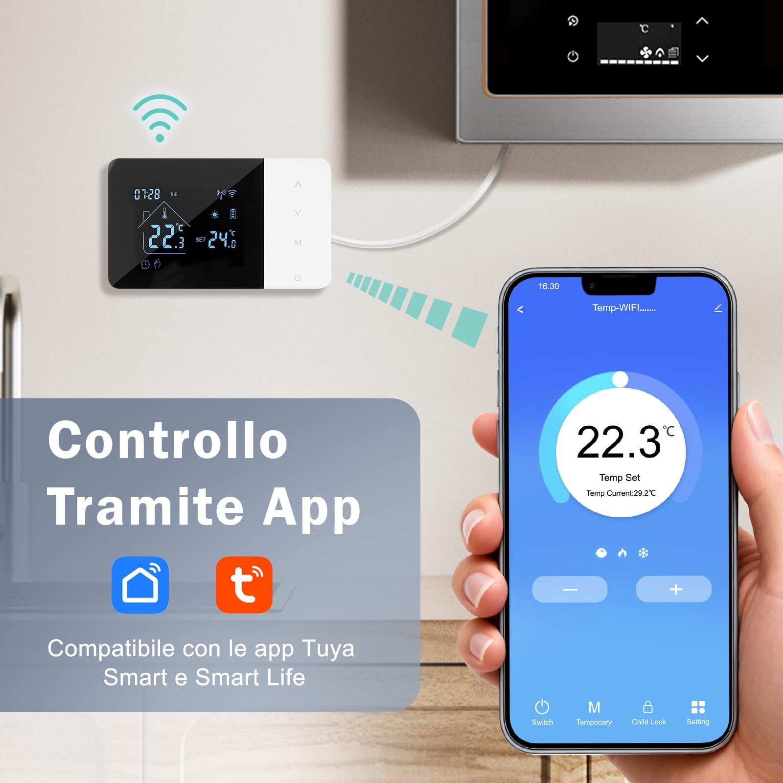 Termostato Caldaia, WIFI Termostato domestico digitale programmabile, Alimentato a batteria, Caldaia 2 fili compatibile con controllo vocale di Google e Alexa