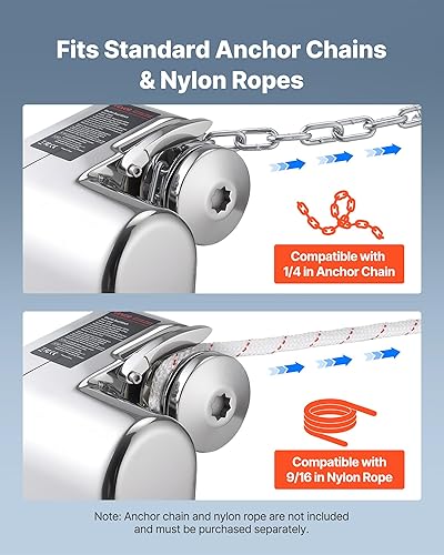 Miniatura 5 de VEVOR Molinete de pesca horizontal, 12 V CC 600 W, sistemas de anclaje de molinete para cadena de 14 pulgadas o cuerda de nailon de 916 y 58