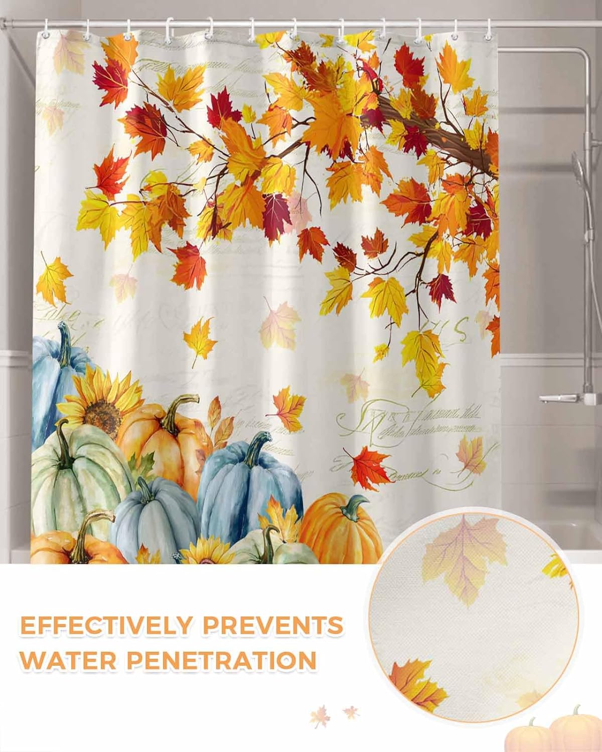 Orange Blue Pumpkins Fall Shower Curtain, Thanksgiving Maple Leaves Stall Bathroom Curtains for Bathtub, Fall Branch Waterproof Fabric Shower Curtain Set with 12 Hooks, 36" x 78"