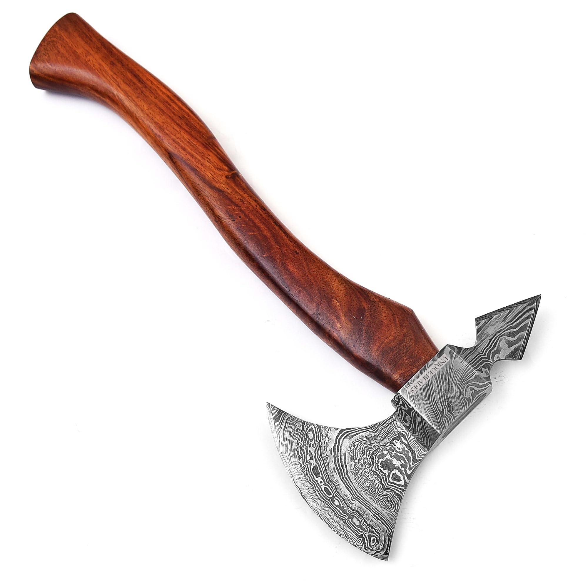 Viking Battle Axe, Camping Axe, Home Gardens Tool, Handmade 18-in Solid Wood Handle Damascus Steel, Dual Sided, Ultra Sharpe Blade, Functional Blade 7×4' Leather Sheath