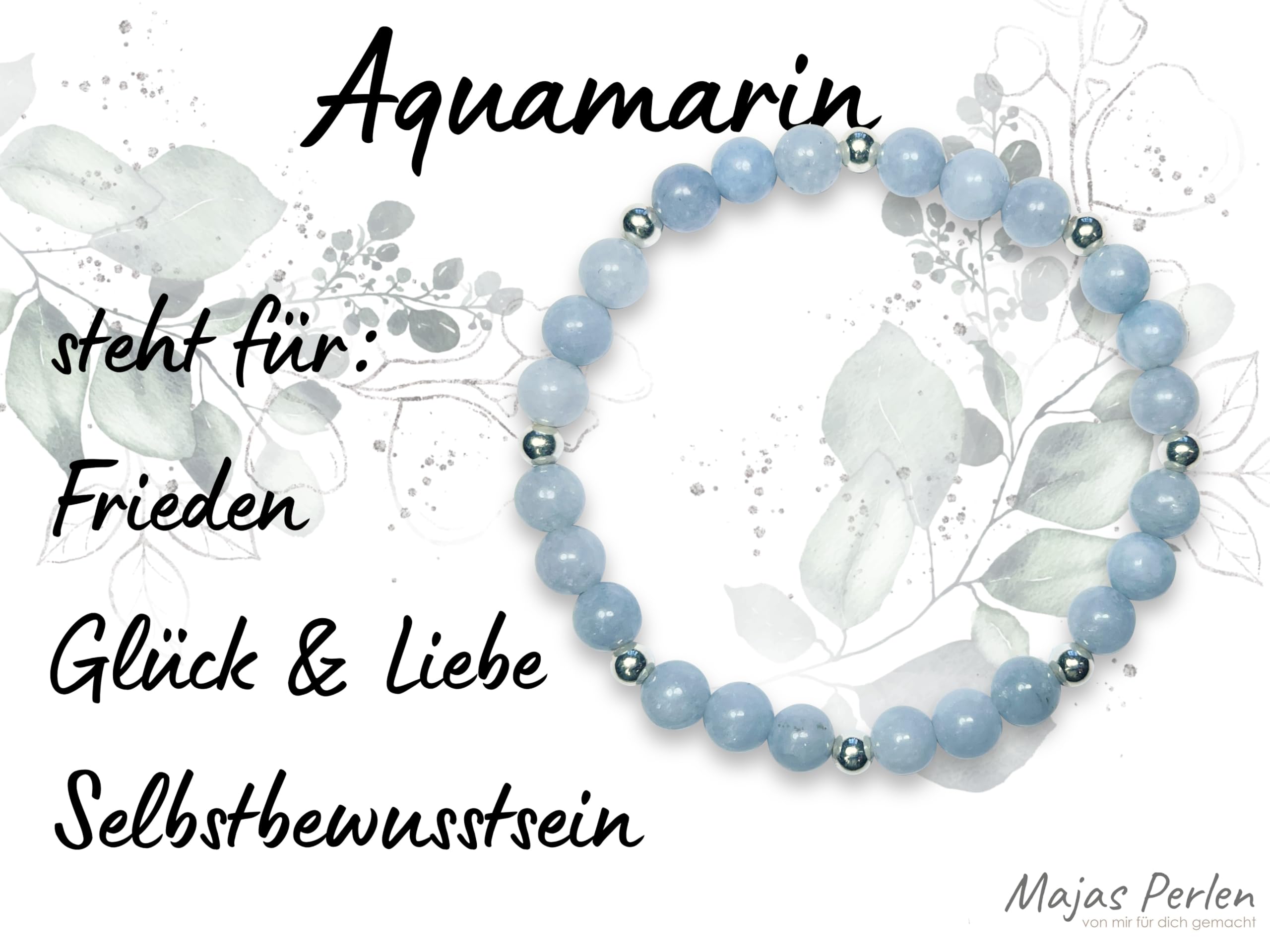 Aquamarin Armband Perlen echt 6mm mit Edelstahlperlen 4mm Silber Gold Roségold oder Ionisiert - Handmade Perlenarmband Selbstbewusstsein Liebe Glück Frieden - Spiritueller Schmuck Unisex