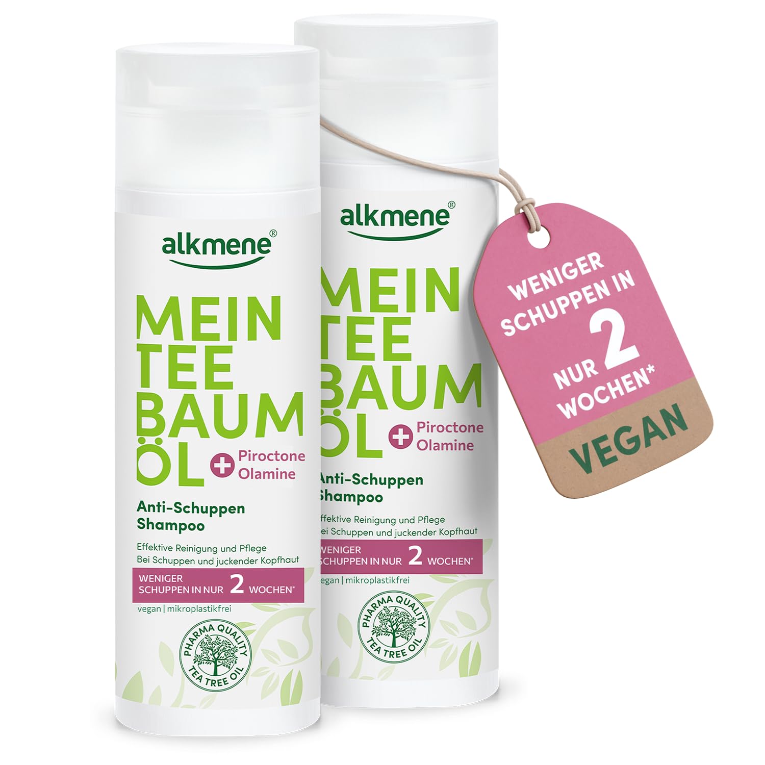 alkmene Mein Teebaumöl Anti Schuppen Shampoo 2x 200 ml - weniger Schuppen in 2 Wochen - Shampoo gegen Schuppen & juckende Kopfhaut - klimaneutrales Antischuppen Haarshampoo mit naturreinen Teebaumöl