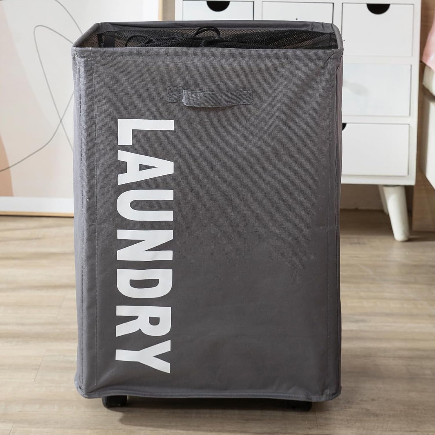 HOKIPO Laundry Basket Bag with Wheels Hamper, Grey (AR-4858-GRY)-image-36
