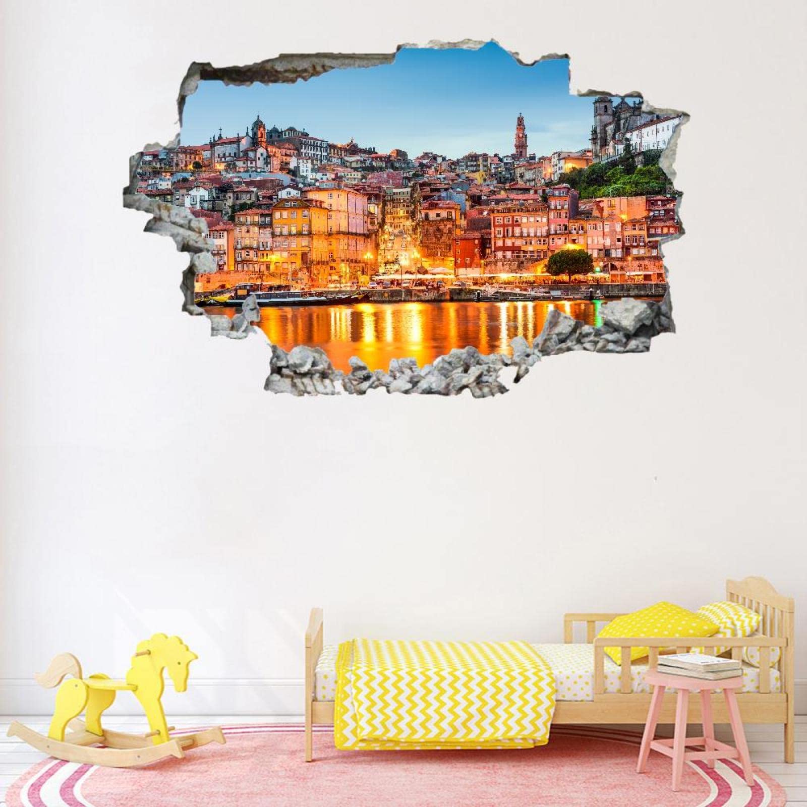 Architecture Décoration murale 3D,Paysage Amovible Wall Sticker Chambre Ville Côtière Autocollants muraux imperméables décalcomanie de trou de mur pour les filles enfants décor de mariage cadeau