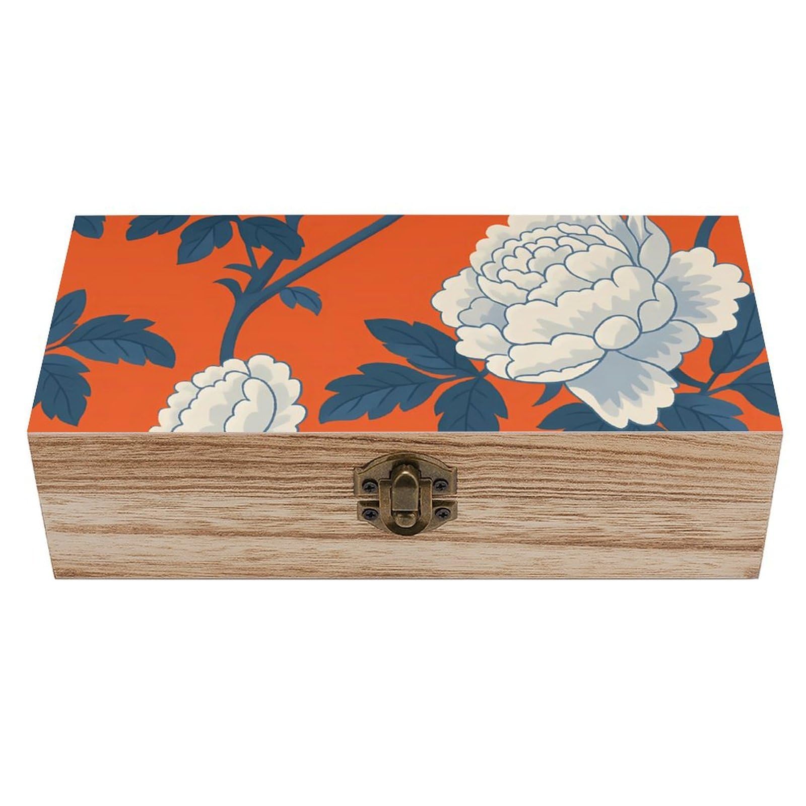 HLBSDM Chinoiserie White Peony with Blue Leaves Retro Wooden Storage Box Jewelry Art Gift Boxs Decorative Keepsake Boxes