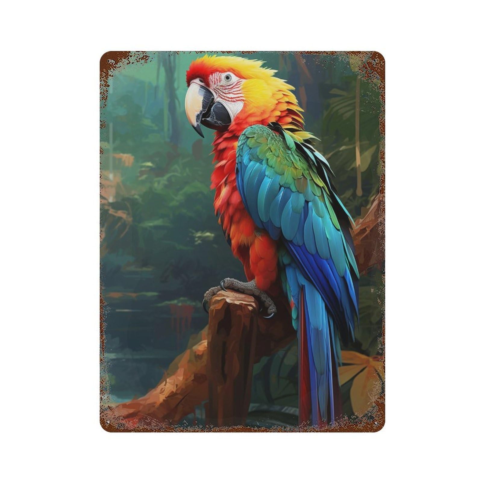 Amazon Macaw in Tropical Rainforest Distressed Metal Wall Sign 15.7"x11.8", Ideal for Cafe, Home Bar And Lounge Decor