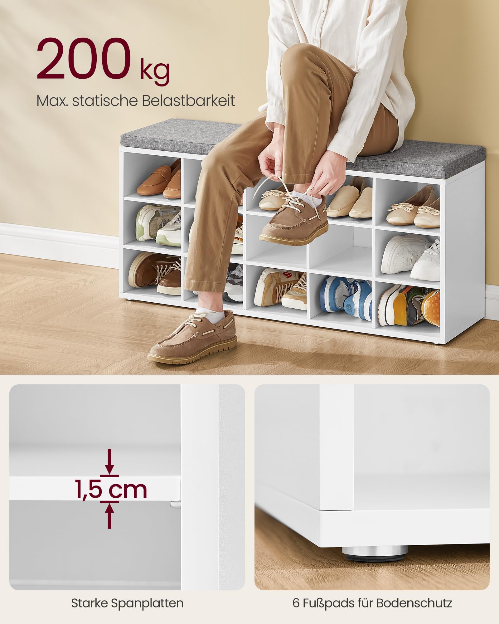 VASAGLE Custos Kollektion - Schuhbank, Schuhregal mit Sitzfläche, Sitzbank mit Stauraum, Kissen, 15 Fächer, für Wohnzimmer, Flur, 30 x 105 x 48 cm, wolkenweiß-Taubengrau LHS15WT