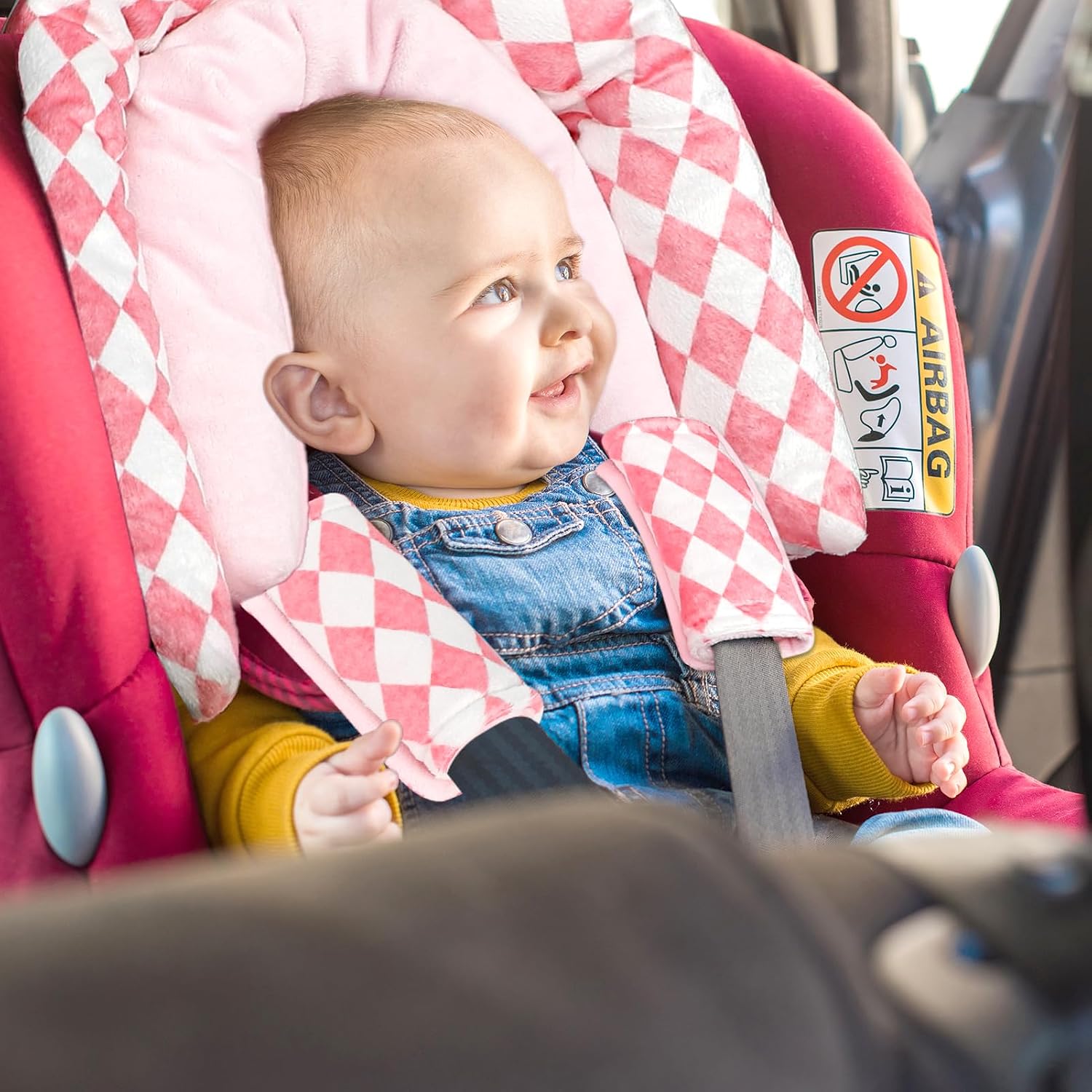 GFU Baby Car Seat Head Support for Newborn, 2 in 1 Infant Car Seat Head Body Support with Strap Pads, Soft Stroller Cushion Pillow Insert for Girls, Fits for Stroller, Swing, Pink Diamond image 5