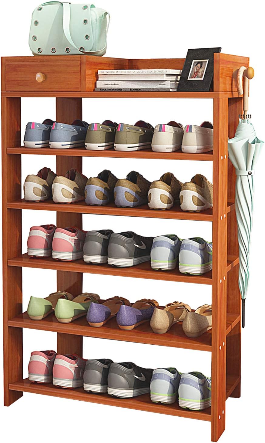 Flash Deals - 50% OFF Jerry & Maggie -Wood MDF Board Shoe Rack Shelf with One Drawer Clothes Rack Shoe Storage Shelves Free Standing Flat Racks Classic Style - Multi Function Shelf Organizer (NATURAL WOOD, 30 x 12 x 38)