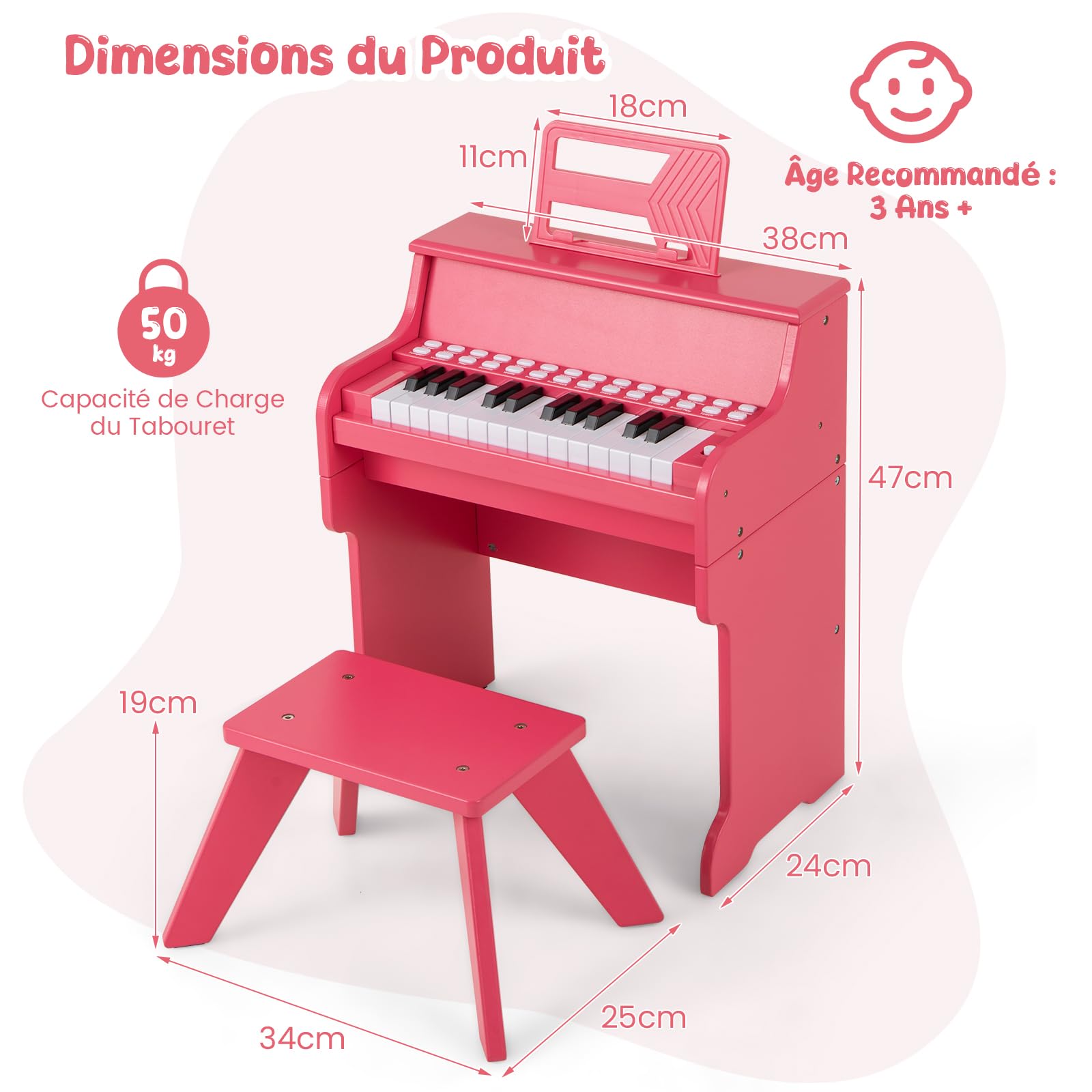DREAMADE Clavier de Piano 25 Touches pour Enfants, Mini Piano Numérique avec Tabouret, Vitesse et Volume Réglables, Mode d'Enseignement, Pupitre Amovible (Rose)