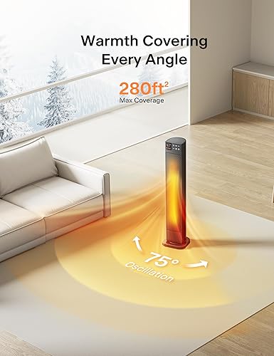 Miniatura 5 de PELONIS Calentador de espacio de torre de cerámica de 30 pulgadas con termostato ajustable para habitaciones grandes, oscilación de 75, control
