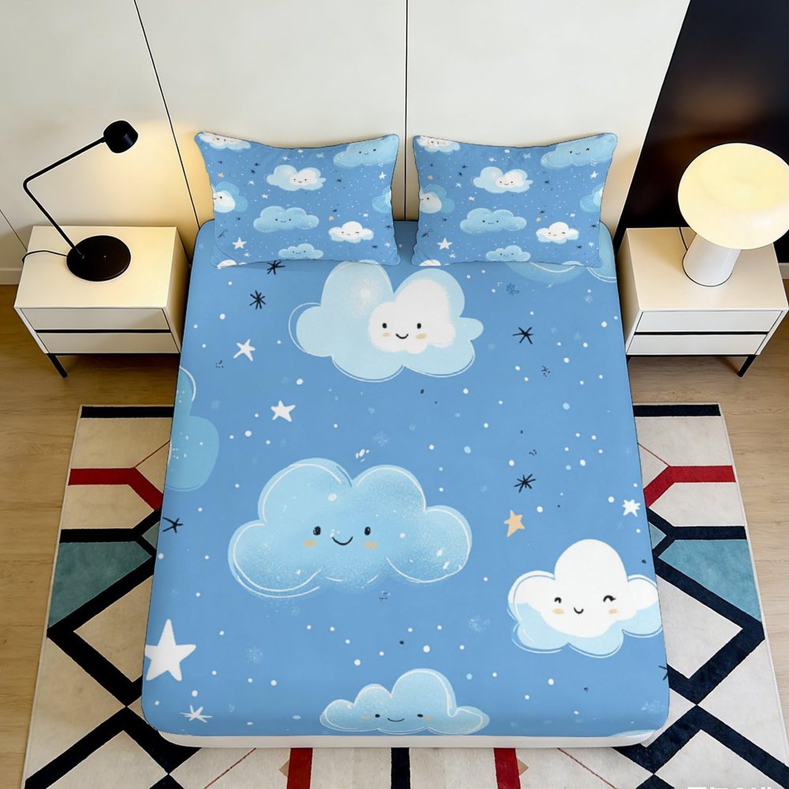 3D Printed Blue Cartoon Cloud Fitted Sheet Microfiber Soft Anti-Slip Star Sky Mattress Cover for Bedroom Guest Room 140x200x25cm