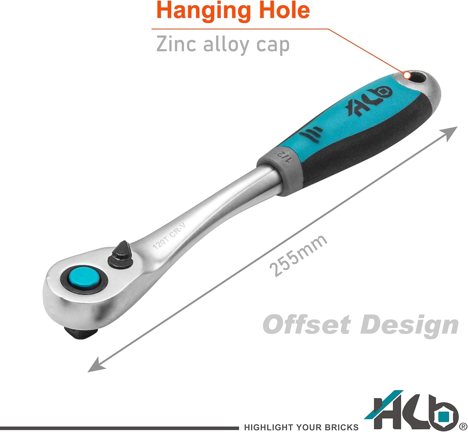 HB 1/2" Drive 120-Tooth Ratchet Handle AHU027-U | 3° Arc Swing Quick Release & Reversible Switch | Offset Ergonomic Grip with Hanging Hole | Micro Chrome Finish | Chrome Vanadium Steel Made in Taiwan