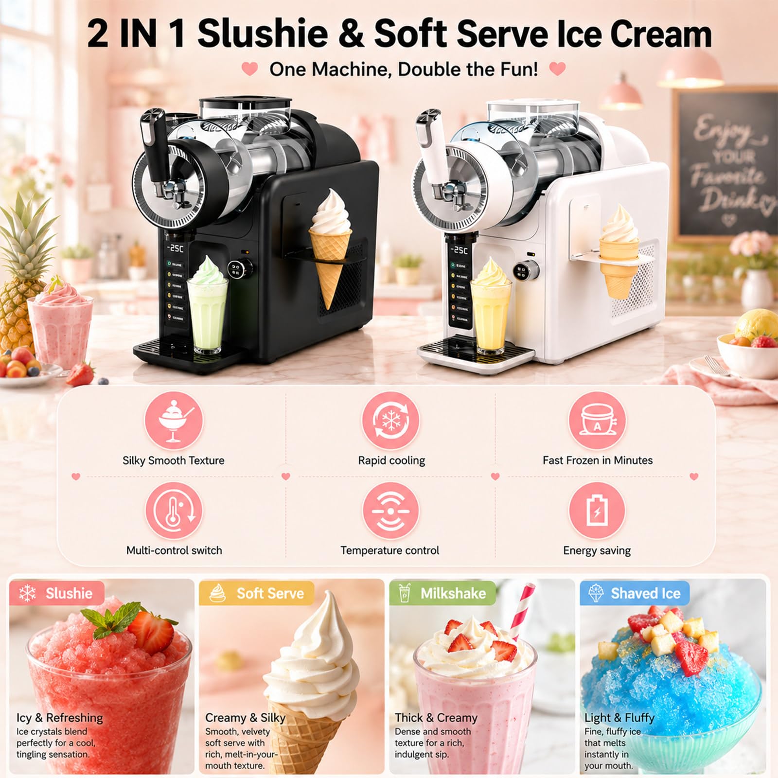 Macchina per Granite 2L Grande capacità,Senza Bisogno di Ghiaccio,15 min RapidChill Tecnologia,5 Programmi,Autopulizia,per Slushie,Frappé,Milkshake,Cocktail,Facile da Pulire Black-NoHolder