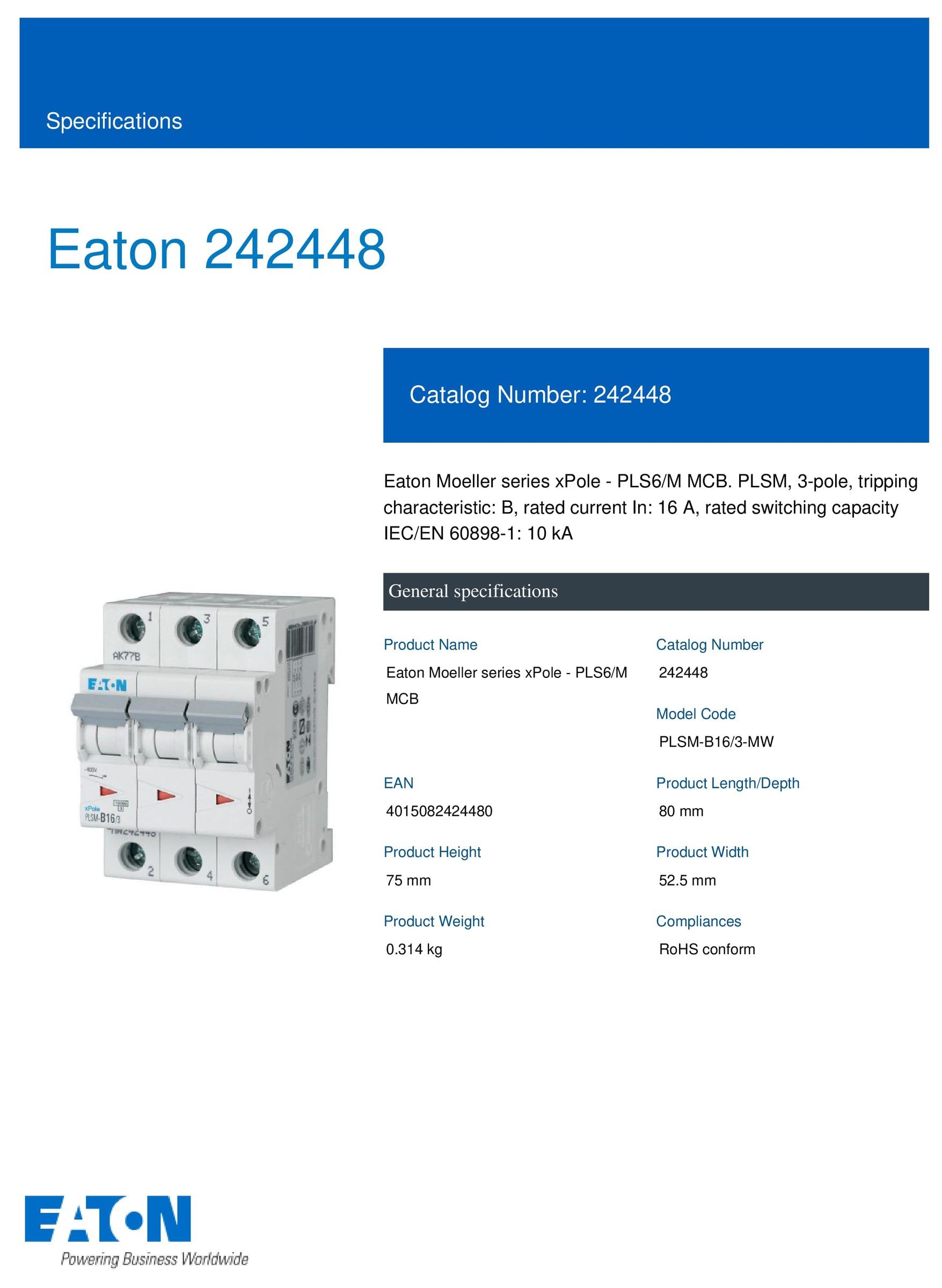 Eaton PLSM-B16/3-MW Leitungsschutzschalter 16A 3-polig 3P 10kA B-Charakteristik LS-Schalter (242448 ALT 244976)