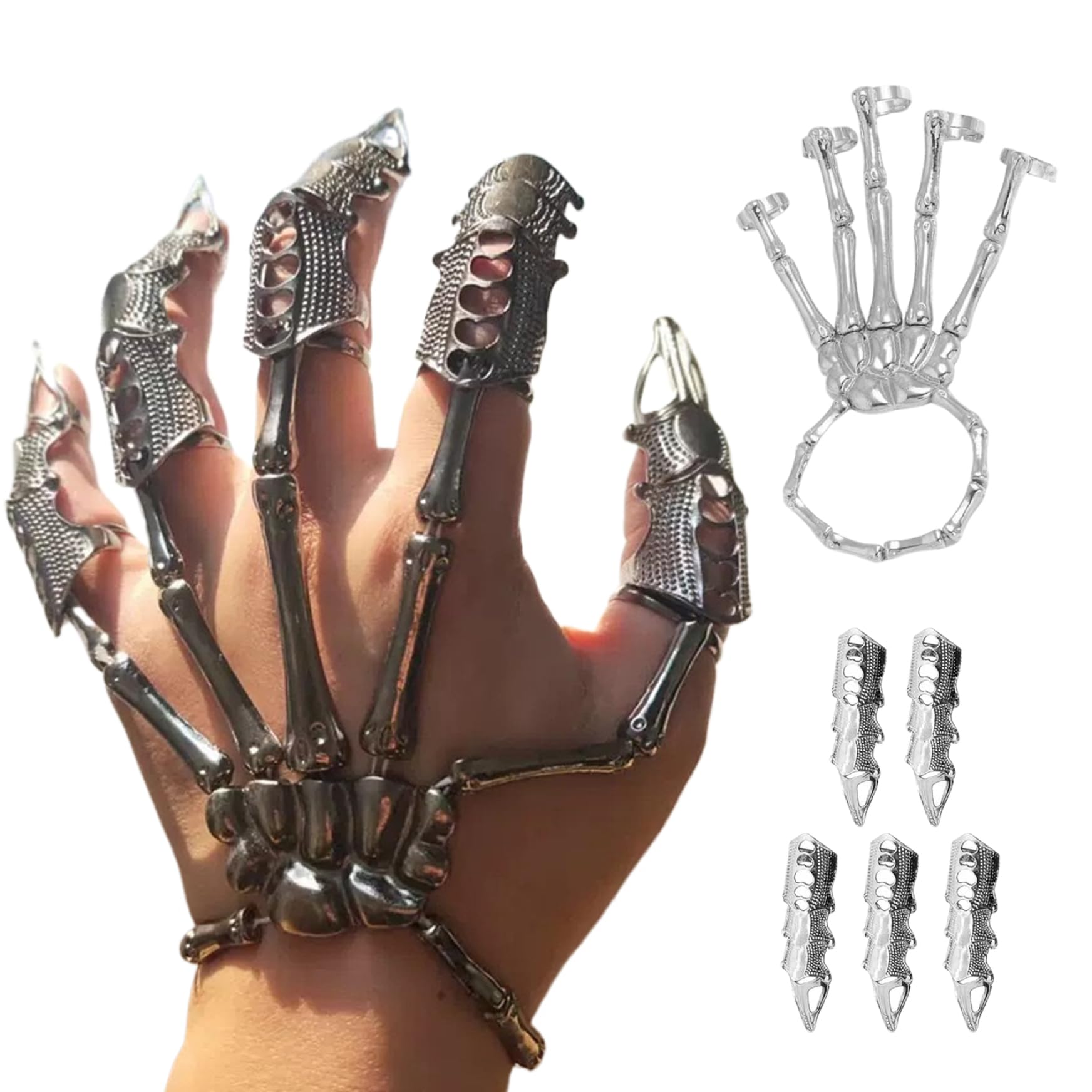 Whyzsjnclg Skeleton Bracelet, Skeleton Hand Bracelet with 5Pcs Full Finger Rings Punk Gothic Jewelry with Movable Joint Plated Alloy Halloween Jewelry for Cosplay, Party, Full Finger Rings
