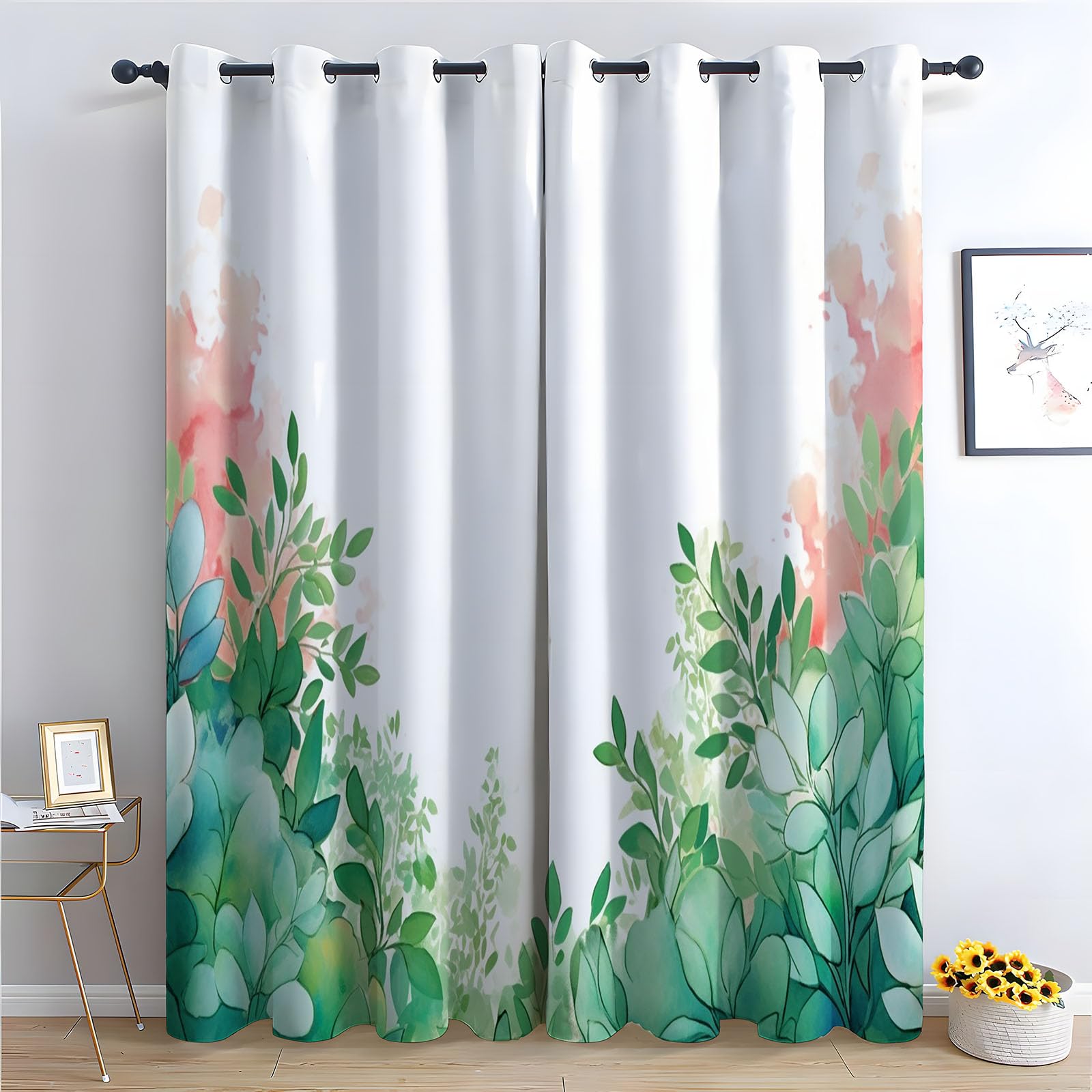 TERUEA Floral Curtains for Living Room Soft watercolor green leaf blank white central space Floral Printed Room Darkening Curtains for Bedroom,-42" W x 63" L (Pack of 2)