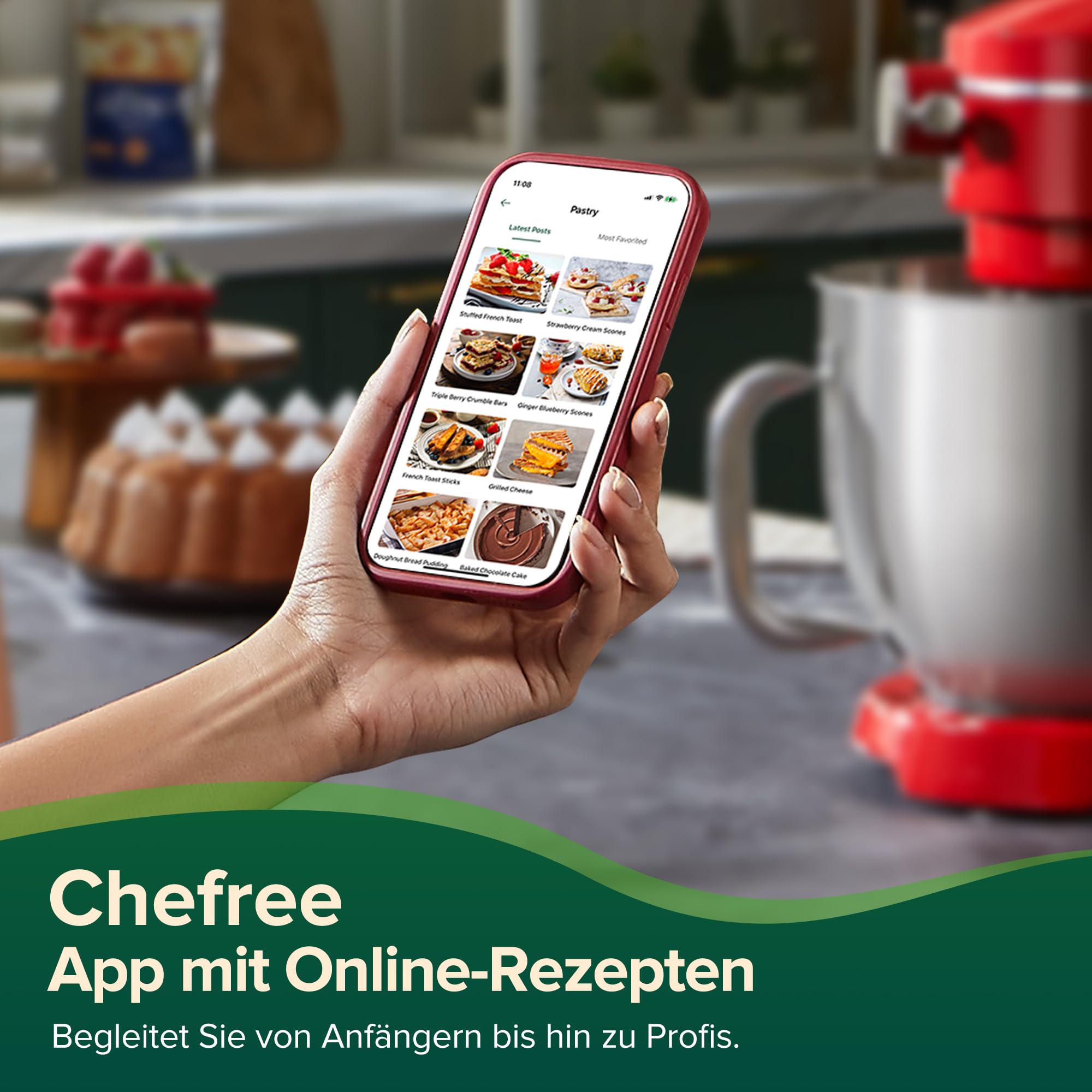 CHEFREE Impastatrice Planetaria 1800W, Robot da Cucina Grandi Multifunzione a 10 Velocità, Robot da Cucina con Ciotola da 7L, Gancio per Pasticceria, Frusta, Rullatore, Corpo in Metallo, Rosso, M500