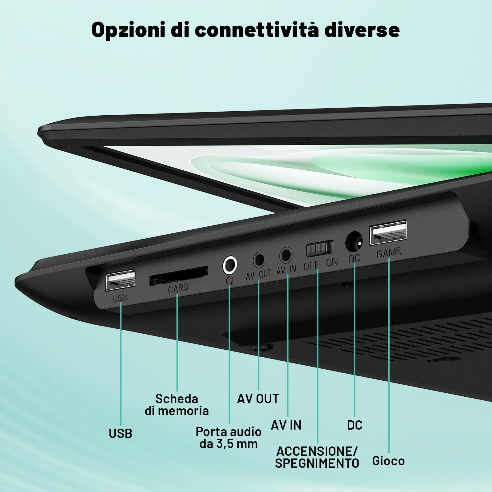 Lettore DVD Portatile 17,5" Schermo Rotante HD 15,6" Autonomia 6 Ore USB SD Sync TV Antishock Nero