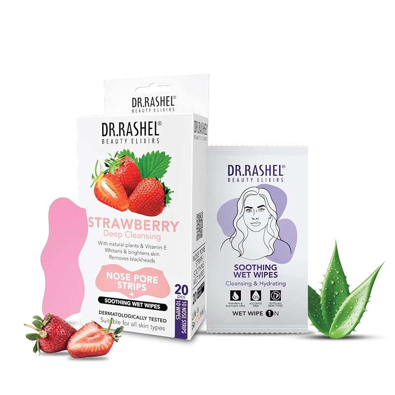 Tiras para Poros do Nariz DR.RASHEL Strawberry com Lenços Umedecidos, Pacote com 20 unidades
