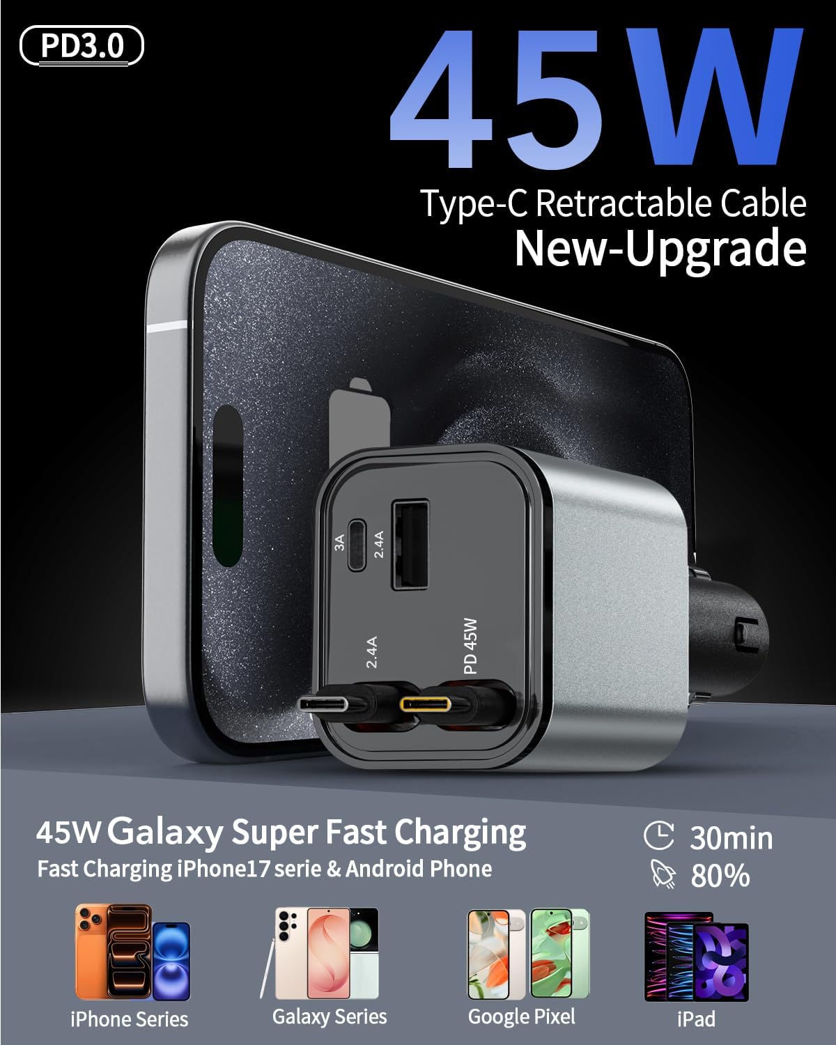 Retractable Car Charger,Car Phone Charger USB C Fast Charge,Cigarette Lighter USB Charger Car Accessories for Women,Road Trip Essentials Gift for Men,Car Charger for iPhone 17/16/15,Galaxy S26,Pixel 6 712asAeksOL. AC SL1500