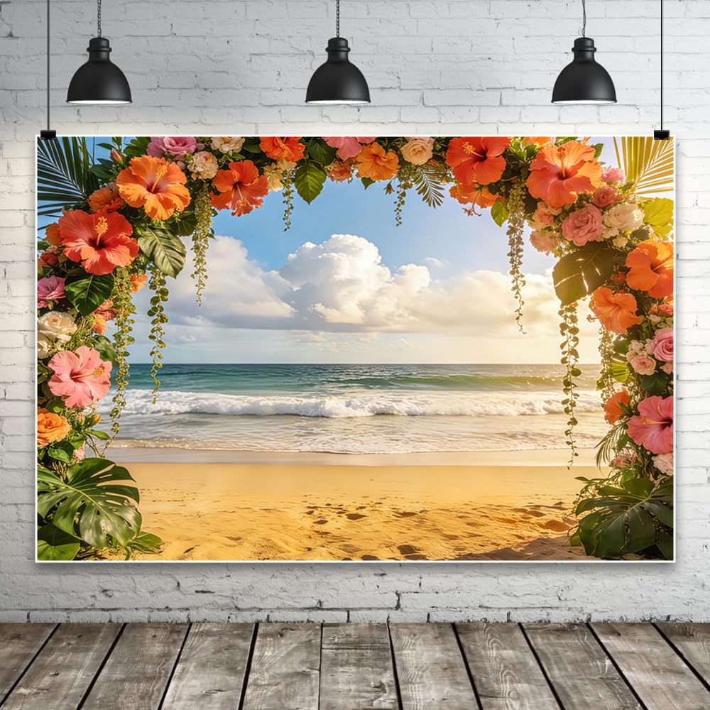 3 x 2,5 m tropikalny hibiskus, łuk kwiatowy, plażowy, styl ślubny, z pomarańczowymi różowymi kwiatami nad falami morskimi, tło do hawajskiej fotografii letniej