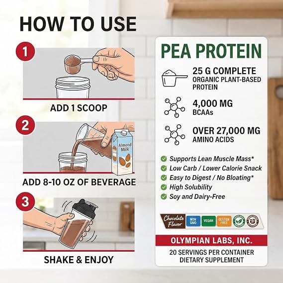 Olympian Labs Plant Based Pea Protein Powder, Chocolate - 25g of Protein, Vegan, Low Net Carbs, Gluten Free, Lactose Free, No Sugar Added, Soy Free, Non-GMO, 2 Pound Pea Protein