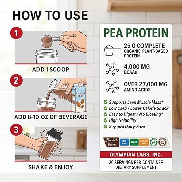 Olympian Labs Plant Based Pea Protein Powder, Chocolate - 25g of Protein, Vegan, Low Net Carbs, Gluten Free, Lactose Free, No Sugar Added, Soy Free, Non-GMO, 2 Pound Pea Protein