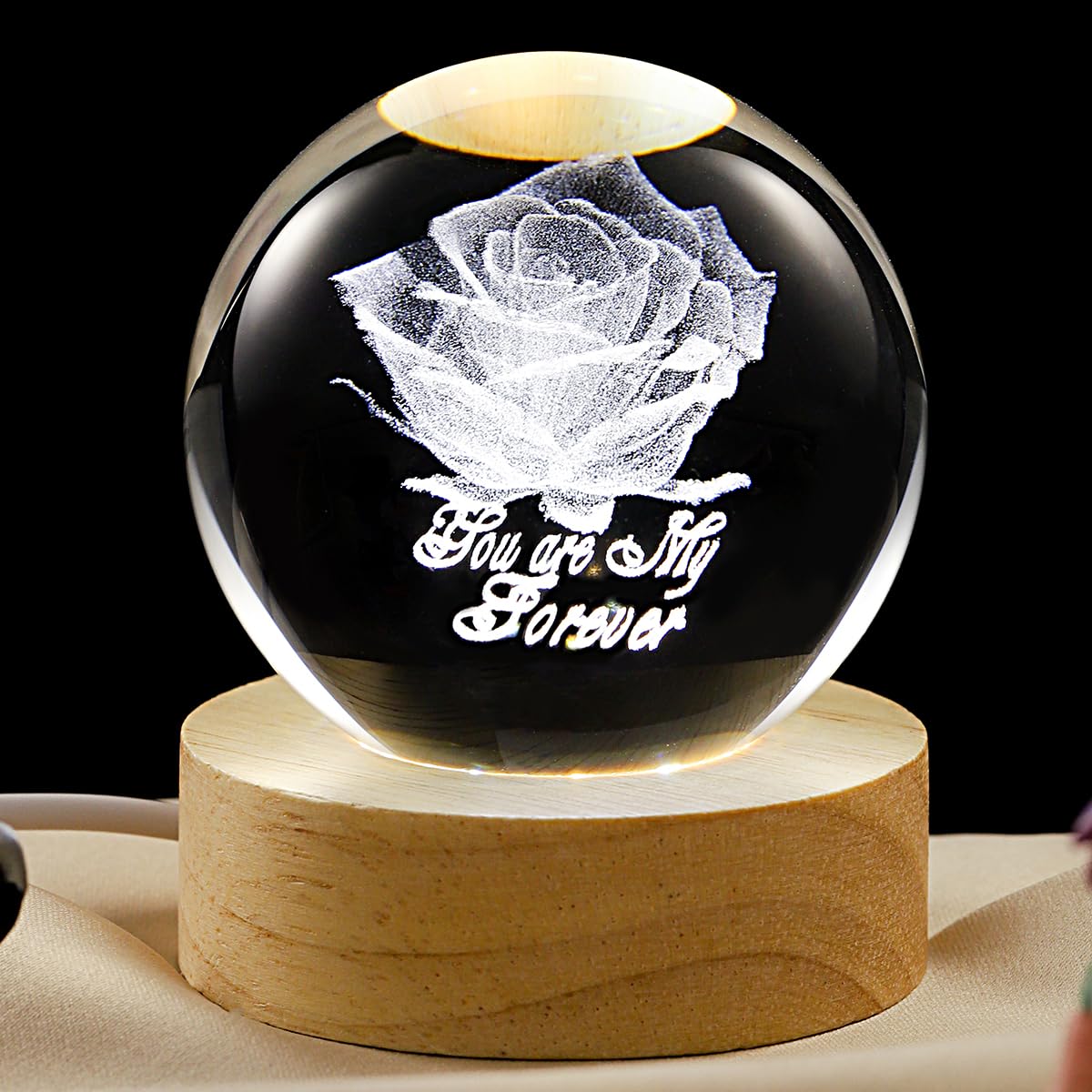 3D Rose Crystal Ball Lamp with Dimmable LED and Wooden Base, Night Light for Kids Teens Adults, Home Desk Office Bedroom Decor, Birthday Gift (2.4”/ 6cm)