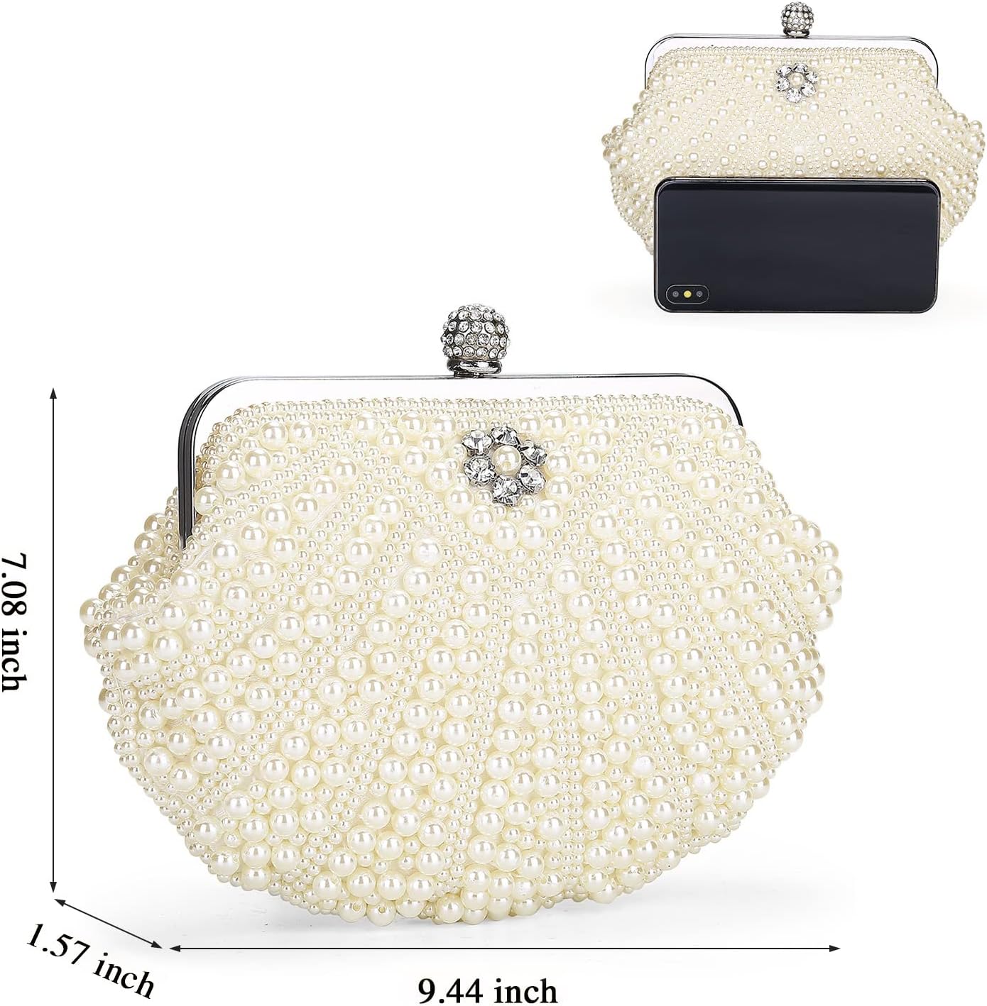 UBORSE Women Pearl Clutch Bag Noble Crystal Beaded Evening Bag Wedding Clutch with Pearl Chain - Image 7