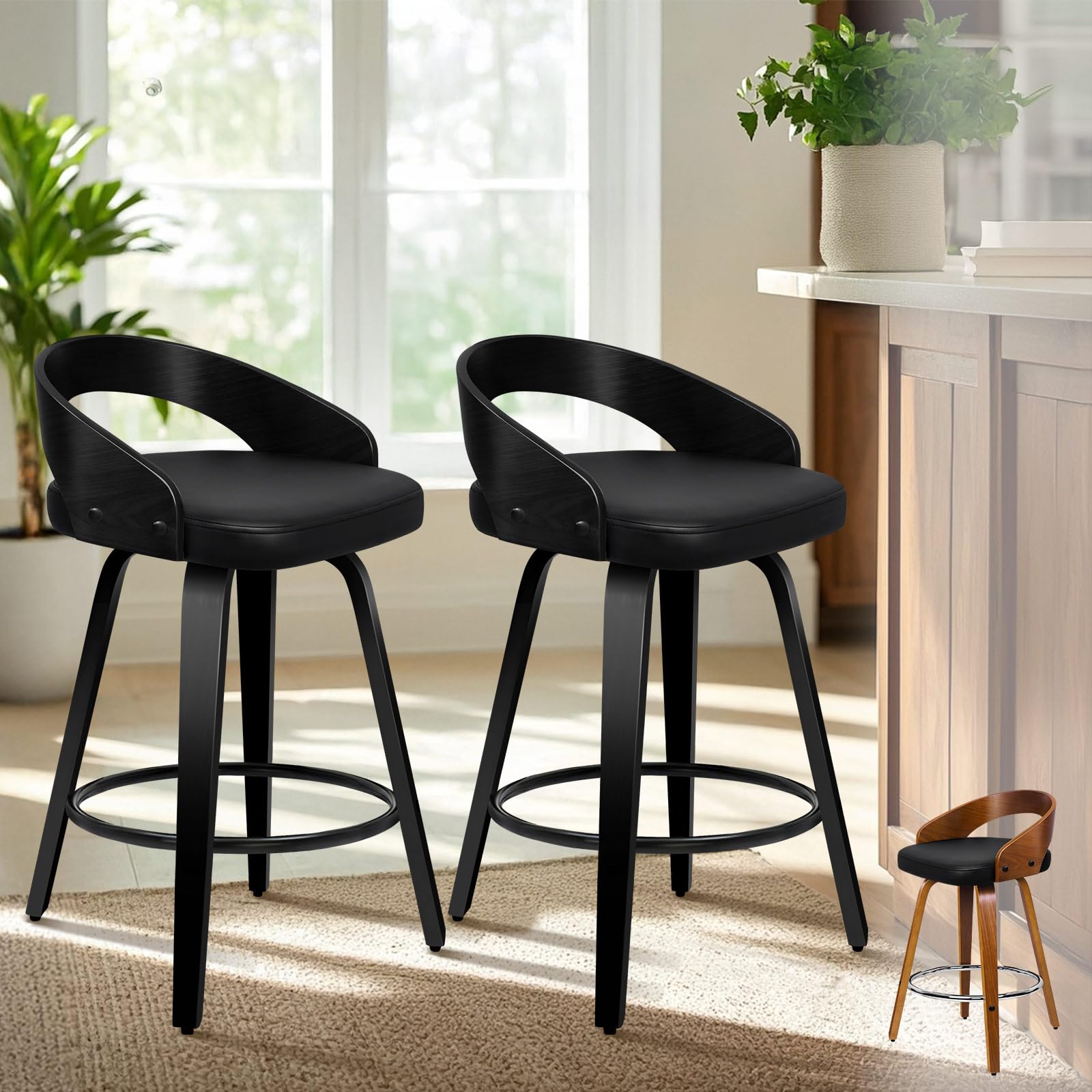 ALFORDSON Bar Stools Set of 2, 360° Swivel Bentwood Barstools with Back & Footrest, 64CM Counter Height PU Leather Kitchen Chair for Breakfast Kitchen Island, Dining Room, Home Pub, All Black — image 1
