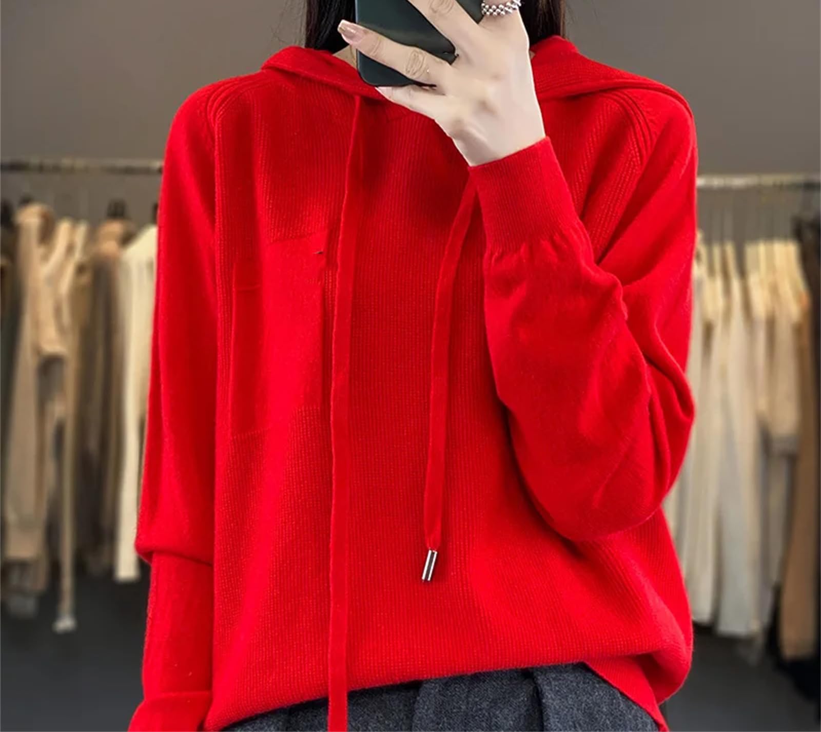 Felpa con cappuccio da donna con cappuccio in maglia maglione invernale da donna con cappuccio in cashmere arancione, Arancione, L