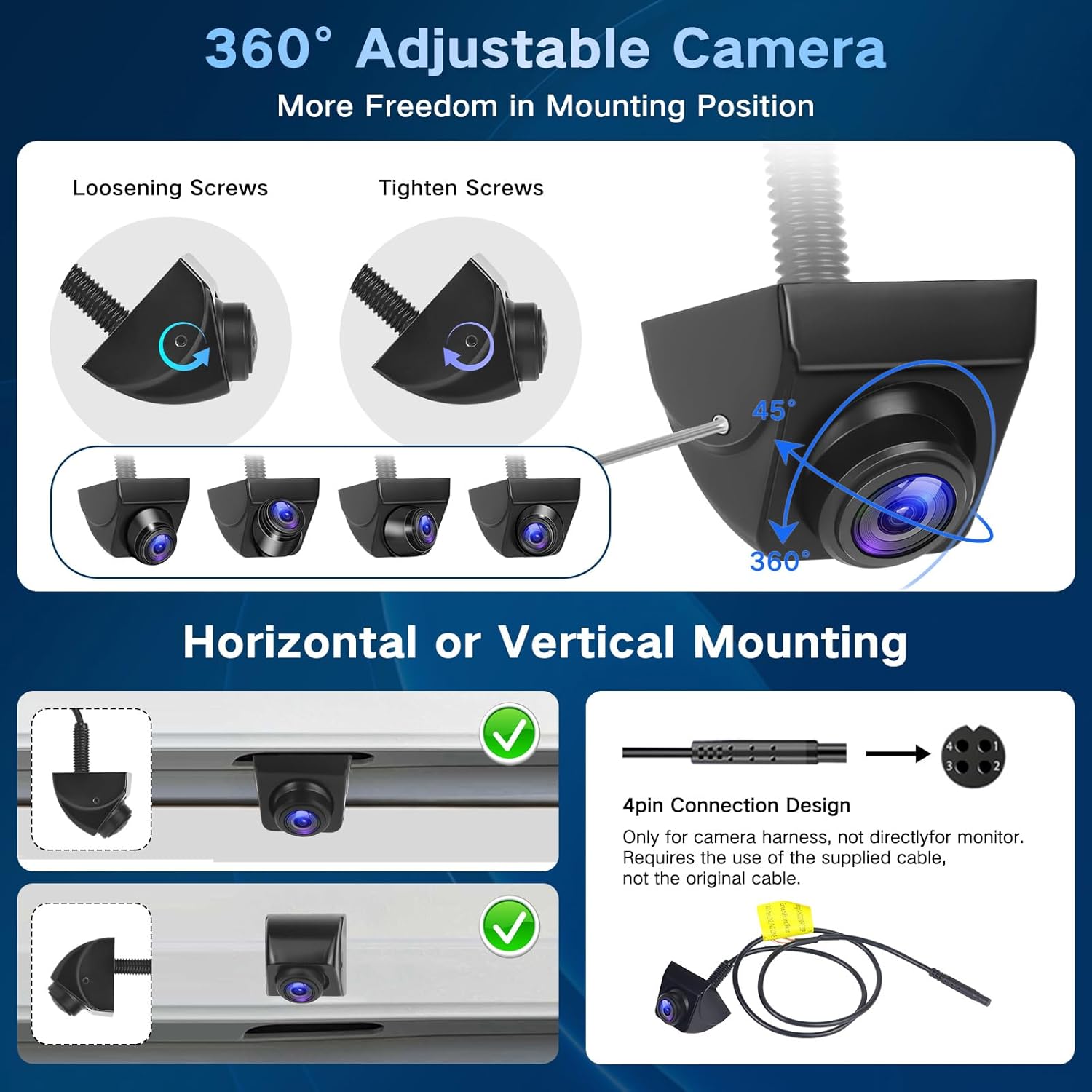 AHD 1080P Backup Camera, 360° Rotatable Lens 170 Degree Wide Angle Clear Night Vision Metal Housing Waterproof Reverse Rear View Camera for Car Truck