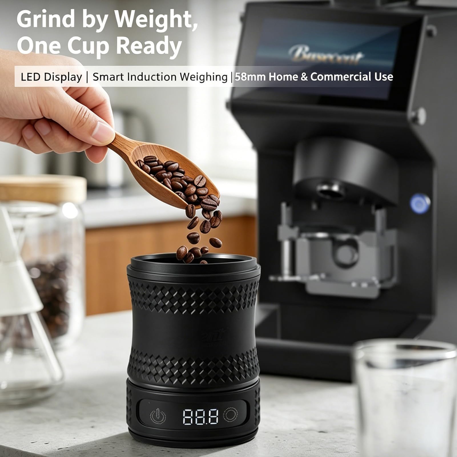 Taza dosificadora digital portátil, taza dosificadora digital de granos de café, báscula de espresso recargable con báscula LED y diseño desmontable de taza, portafiltro compatible de 58 mm