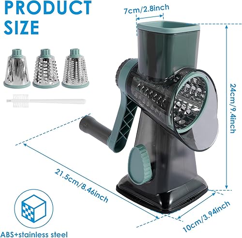 Miniatura 5 de 1 juego de rallador de queso giratorio con mango eficiente triturador de queso con 3 cuchillas intercambiables, trituradora de queso manual rotativa