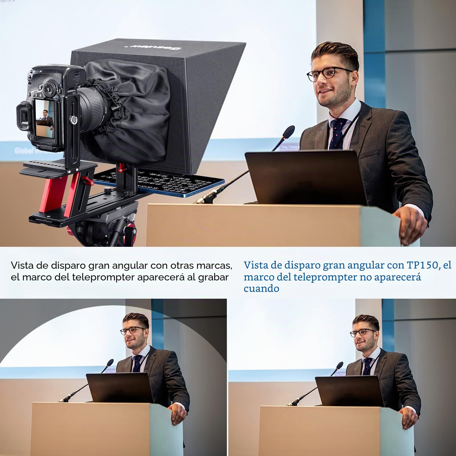 Desview TP150 Teleprompter 15 Pulgadas, Teleprompter elevable de aleación de Aluminio y Metal con aplicación de Control Remoto para grabación de vídeo con Lente Gran Angular de cámara DSLR