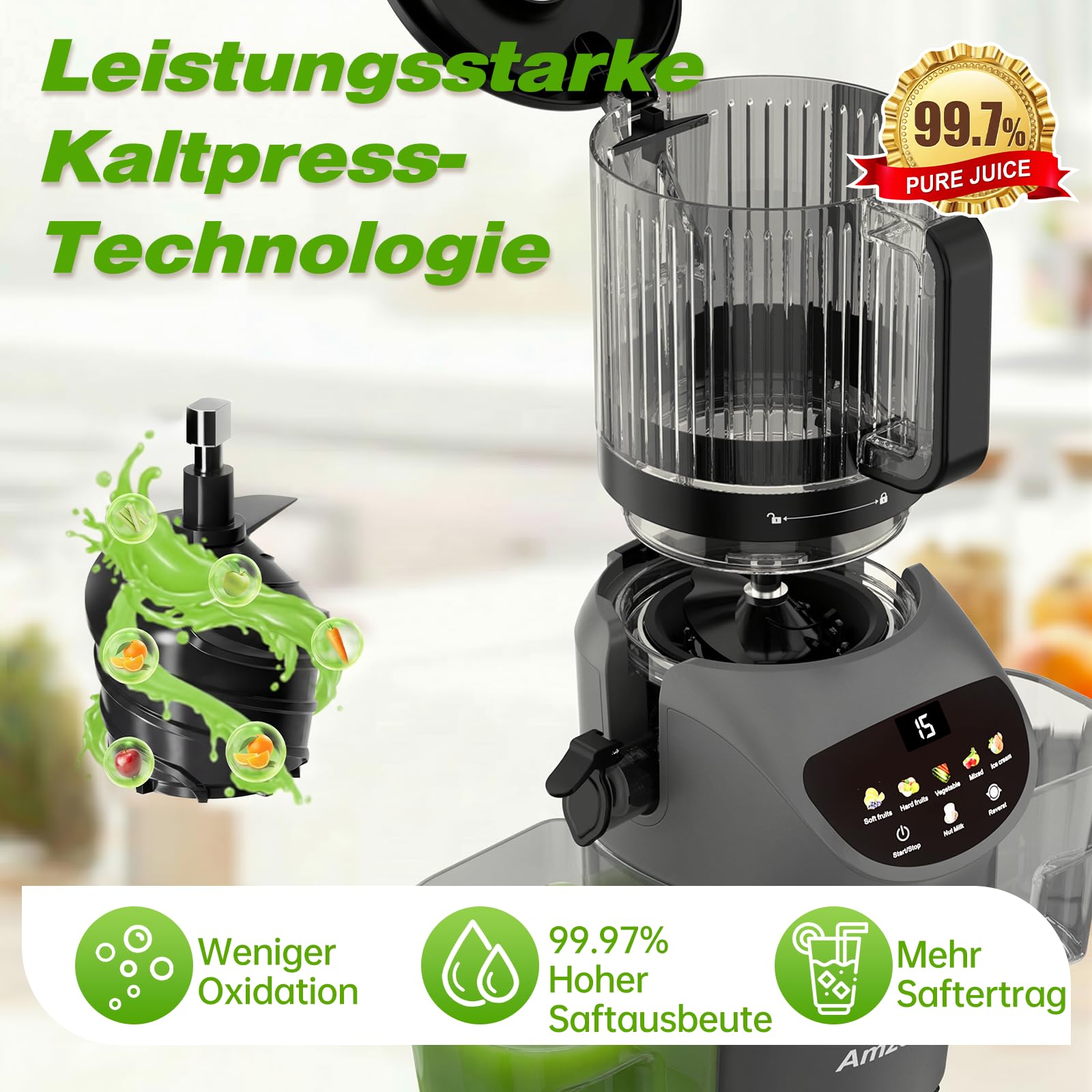 Entsafter 450W Slow Juicer 156mm Fütterungsrutsche 3L Füllvolumen Kaltpresse BPA-Frei