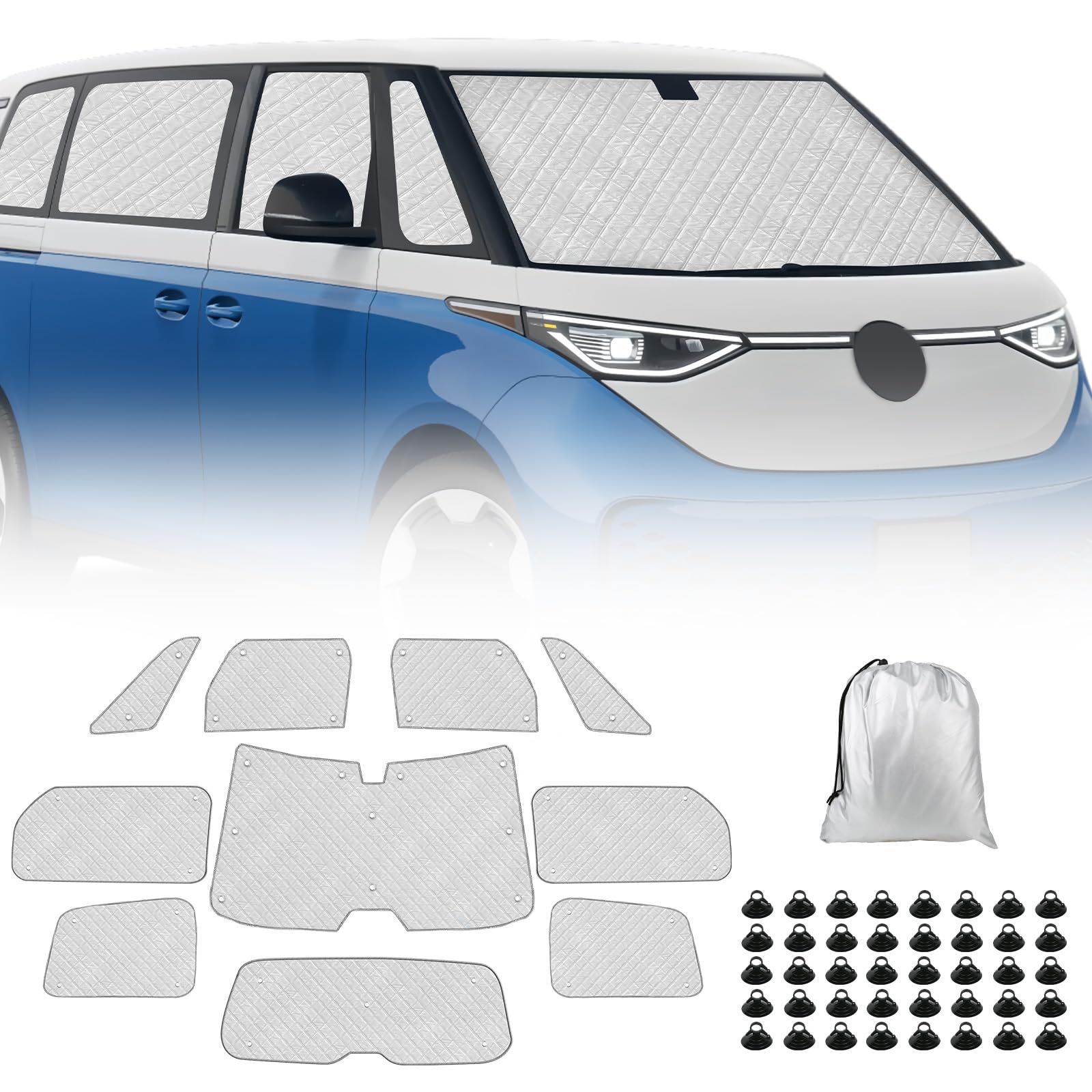 Sonnenschutz Kompatibel mit VW ID Buzz 2022-2026 LWB, 10 PCS Auto Frontscheibe Sonnenschutz Windschutzscheiben Schutz Set, Internes Thermomatte mit Aufbewahrungstasche, Faltbar Sonnenblende