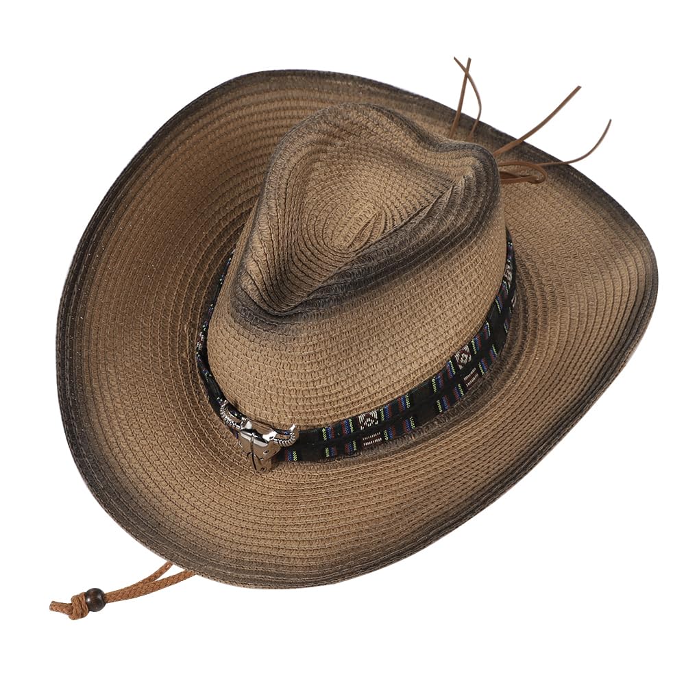 Western Cowboyhut mit Stierkopf Dekor Westernhut Breit Krempe Cowboyhut mit Verstellbar Kordelzug Strohhut UV Schutz Panamahut Unisex Retro Sonnenhut Faltbar Outdoorhut für Wandern Camping Reisen