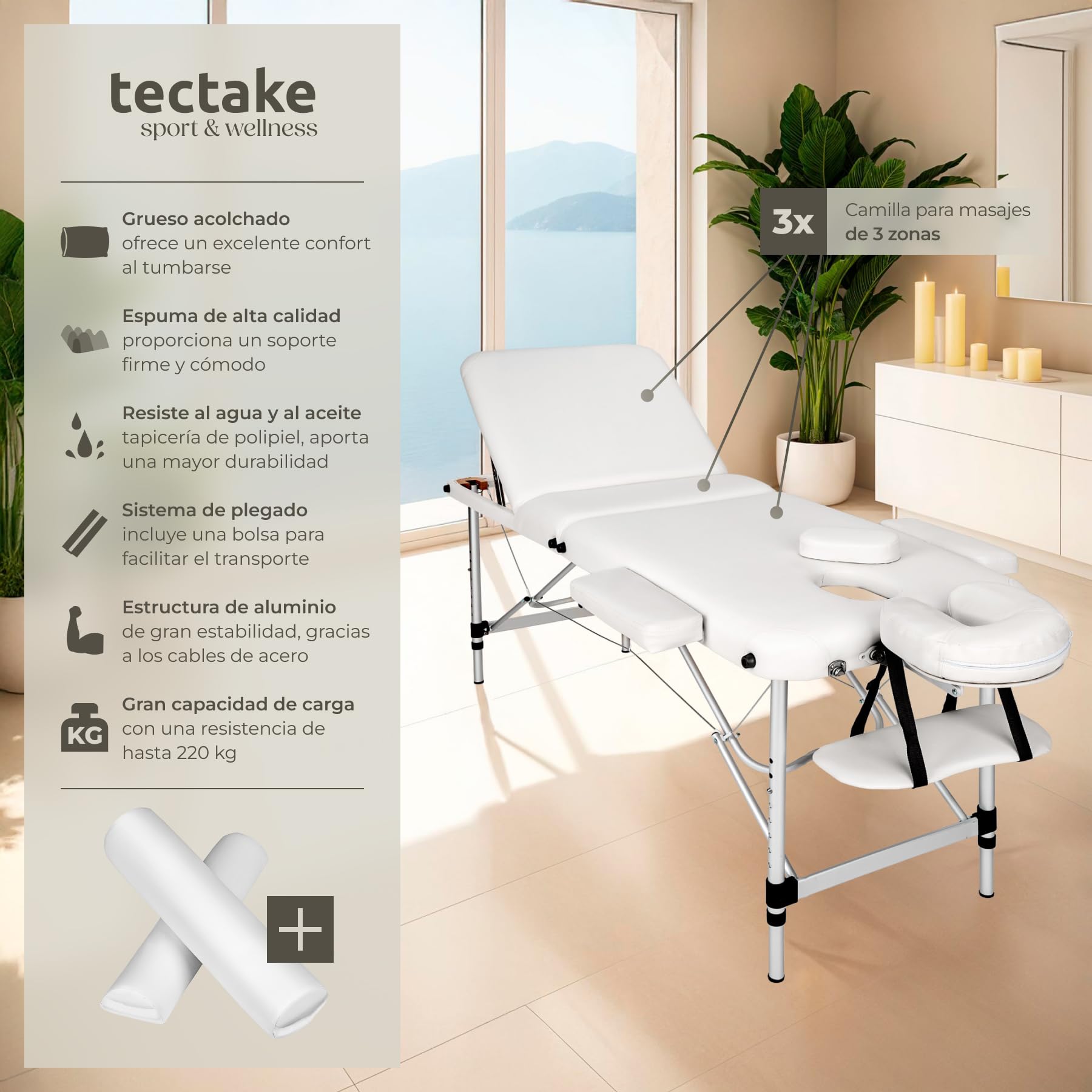 tectake® Camilla de Masaje Plegable de Aluminio, Estética Profesional para Quiromasaje, Tatuajes, Reiki y Fisioterapia - Altura Ajustable, 3 Zonas, con Bolsa de Transporte - Blanco