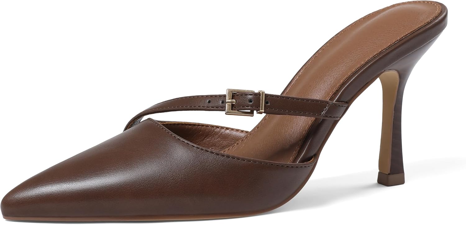 femflame Kitten Heels Mules for Women Stiletto Heels Pointed Toe Dress Slingback Sandals Fashion Pumps with PU Leather Metal Buckle Strap for Daily Dressy Wedding Party