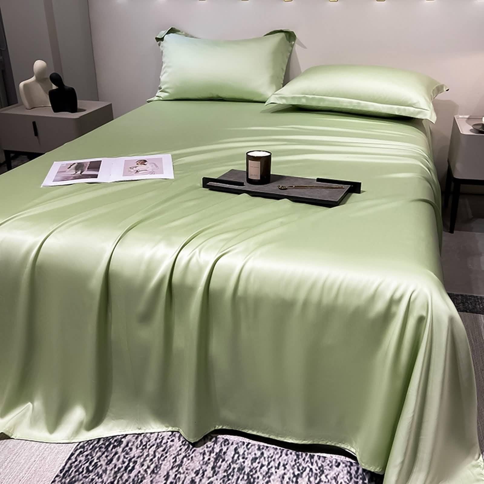 Drap plat hotellerie de luxe en lyocell vert gazon avec parure 2 taies