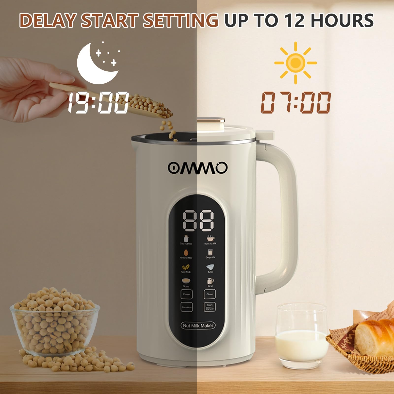 OMMO 10 in 1 Nut Milk Maker Blender, 35oz Soy Milk Maker with Large Screen/10 Blades for Hot/Cold Almond Oat Soybean Milk Maker, 12 Hours Timer/Self-Cleaning, Includes Recipe Book-Accessories